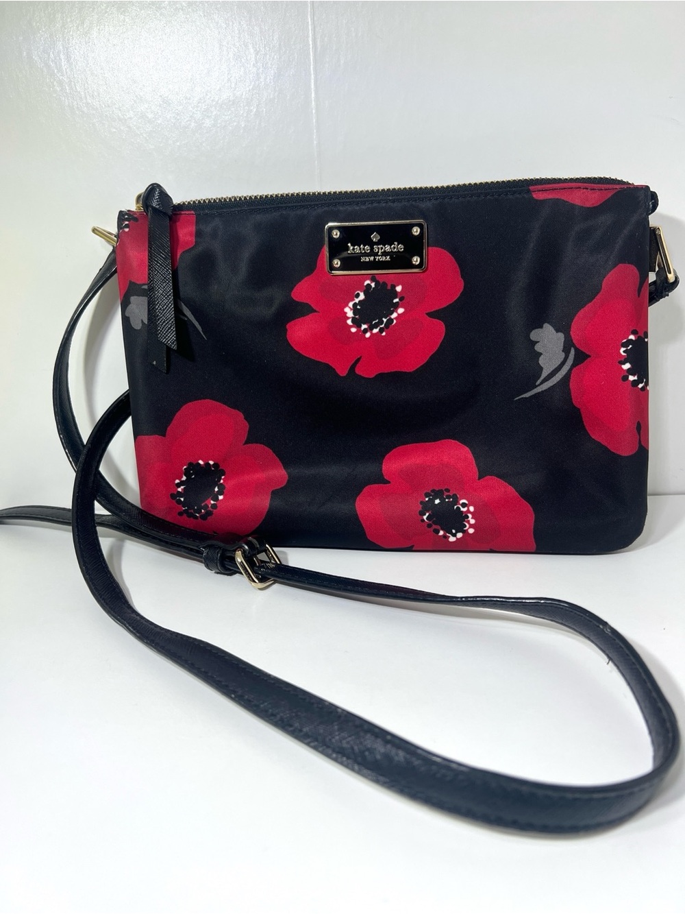Kate Spade Black Crossbody Bag with Red Floral Print